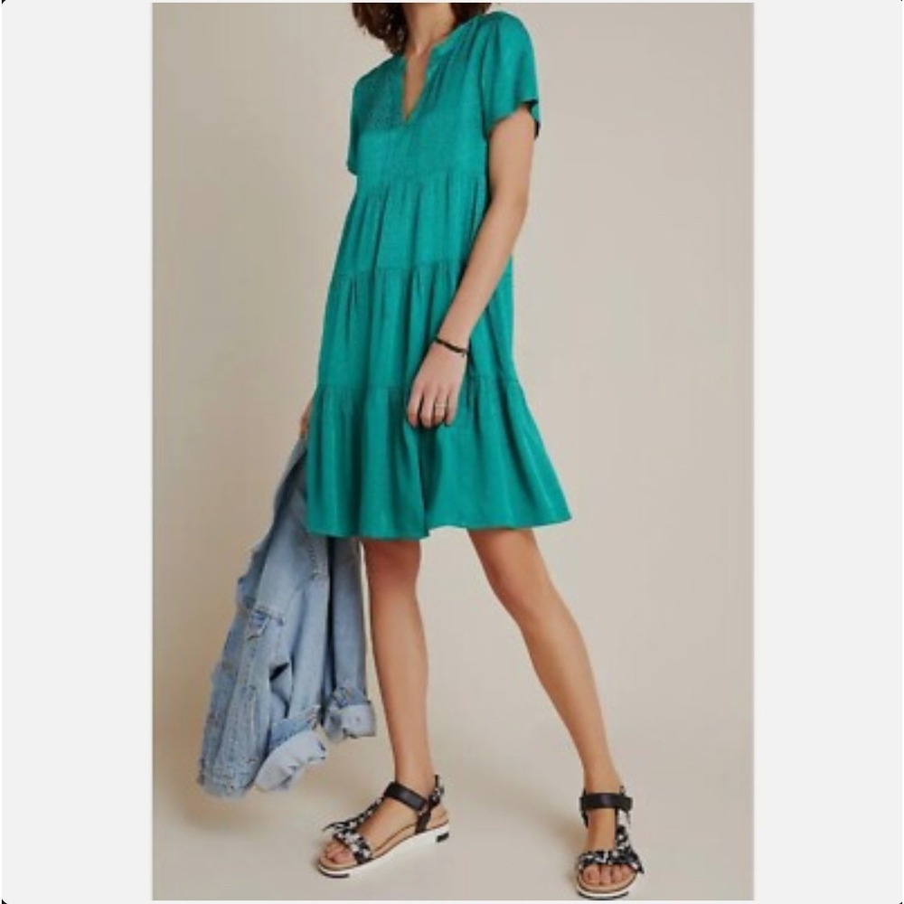 Maeve Anthropologie Tania Sacha Jacquard‎ Tiered Knee-Length Dress Medium Green